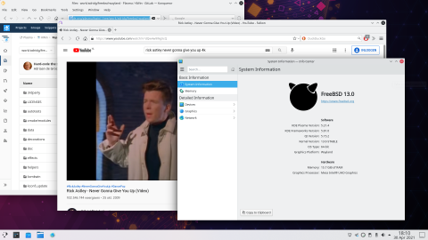 Screenshot of KDE Plasma Wayland on FreeBSD -- Rick Astley in video window