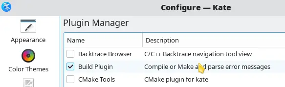 Kate Plugin List, with *Build Plugin* checked
